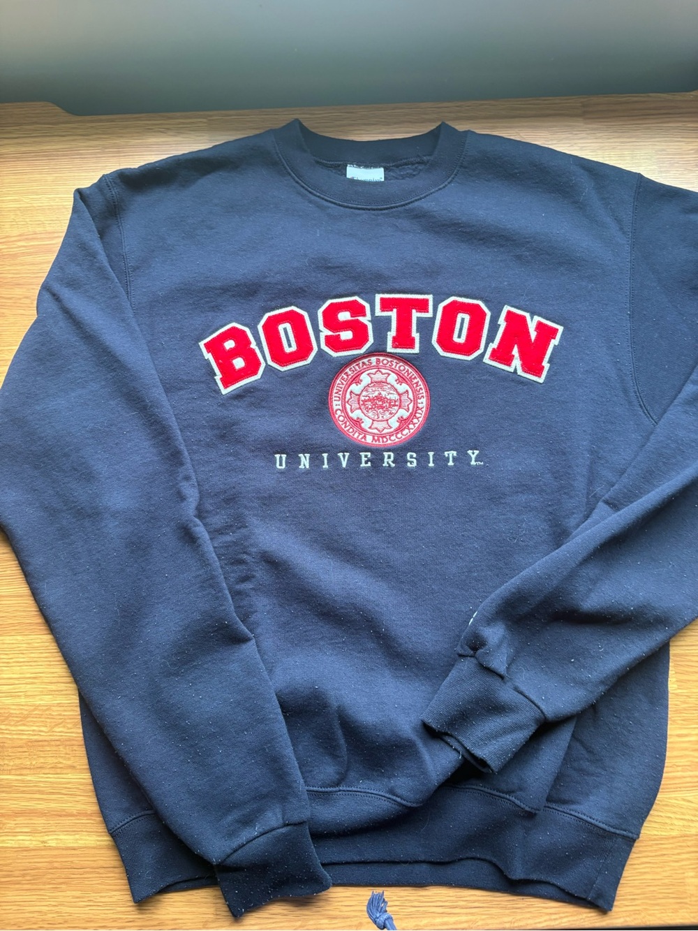 Champion Navy Crewneck Sweatshirt with Red Boston Lettering